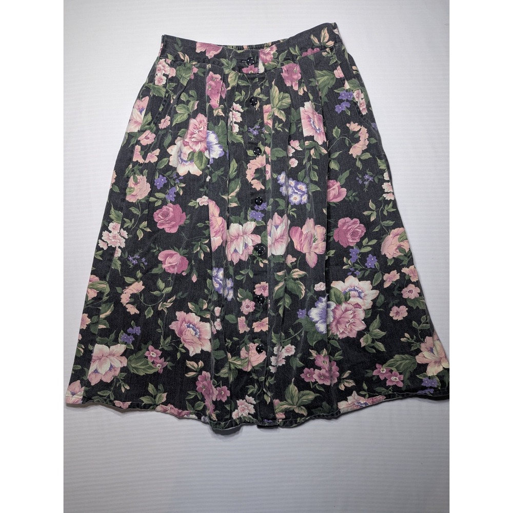 Fritzi California Women L‎ Black Floral Cotton Button Front Skirt Grunge Core
